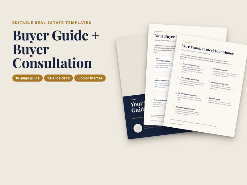 Pages from the Newel buyer guide: 16-page guide, 13-slide deck, 3 color themes