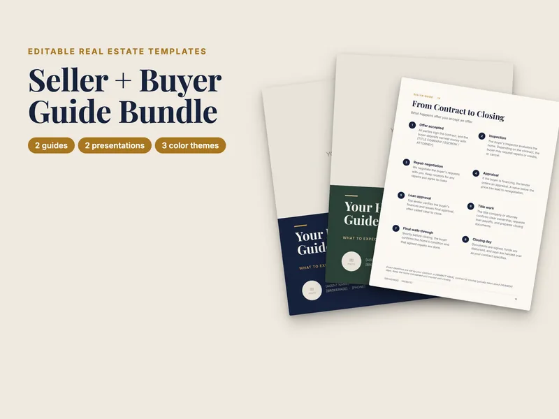 Seller and buyer guide pages from the Newel bundle: 2 guides, 2 presentations, 3 color themes