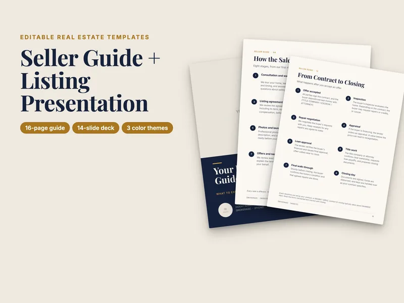 Pages from the Newel seller guide: 16-page guide, 14-slide deck, 3 color themes
